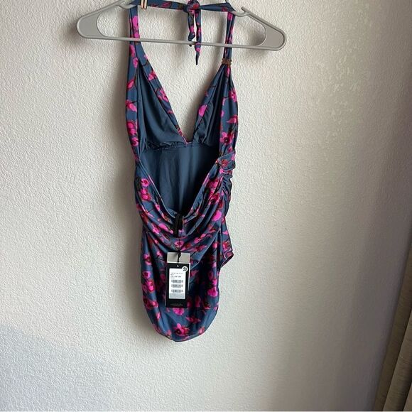 VIX PAULA HERMANNY Fiore Bia Ruched Floral-Print Halterneck Swimsuit Cobalt Blue - Picture 13 of 13